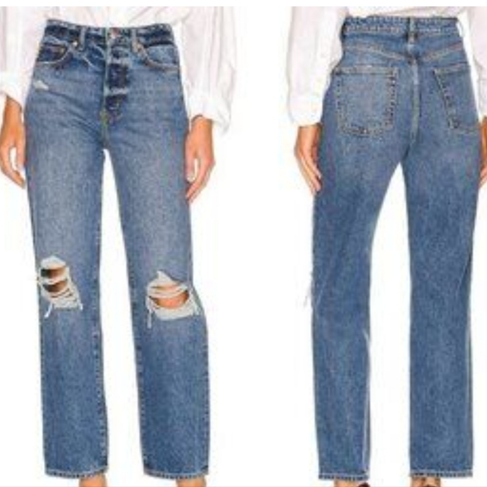Revolve Lovers And Friends Ryan High Rise Straight Distressed Blue Jeans Size 26